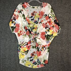 I Joah Kimono Womens OS White Multicolor Floral Shear Open Cover Up